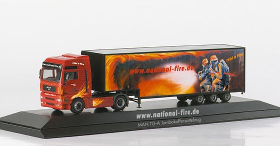 MAN TGA XXL Jumbo box semitrailer “National Fire”, PC Herpa 120418 1