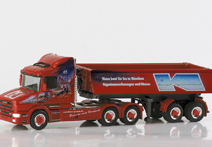 Scania conventional dumpable semitrailer “Klaus Bau” Herpa 148306