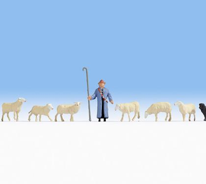 Shepherd (1) Sheep (7) & Sheepdog (1) Figure Set  – Noch 15748