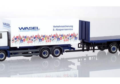  MAN TGS L interchangeable truck with flat trailer “Wasel Krane” (Nordrhein-Westfalen / Bergheim) – Herpa 310918