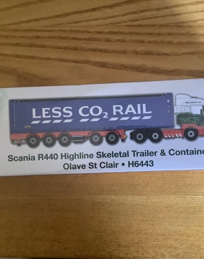STOBART Scania R440 Highline Skeletal Trailer & Container  Olave St Clair • H6443 – Atlas Editions